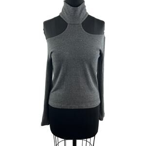 LNA Gray Sweater Ribbed Knit High Neck Cold Shoulder Trendy Pullover S Small USA